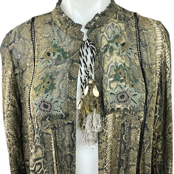 ZARA Green Python Snake Animal Print Open Front Tassel 3/4 Sleeve Blouse Top S - Picture 3 of 4